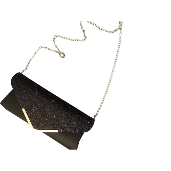 EVENING Bag Black Satin Glitter Clutch with Silver Hardware and Chain - Picture 6 of 10